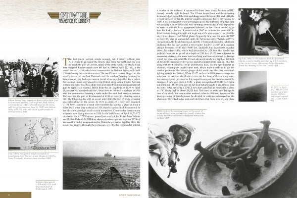 A two-page spread from Schiffer Publishing, Ltd.'s "German U-boat Ace Carl Emmermann" shows text, vintage submarine photos, sailors, maps, and a “1st Patrol: Transfer to Lorient” header featuring U-172 commander Carl Emmermann.