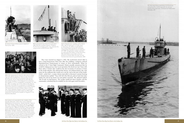 The spread from *German U-boat Ace Carl Emmermann* by Schiffer Publishing, Ltd. shows U-172 at sea with its crew and group photos of Commander Carl Emmermann alongside descriptive text in black and white.