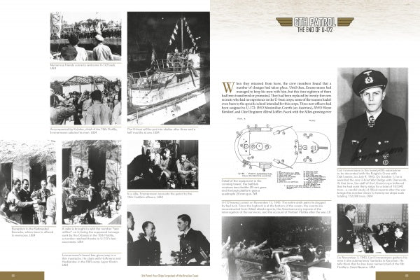 A two-page spread from Schiffer Publishing, Ltd.'s "German U-boat Ace Carl Emmermann" features WWII submarine patrol images, a technical diagram, and text, including a portrait of U-boat commander Carl Emmermann of U-172.
