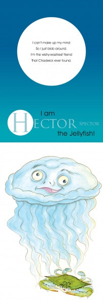 An illustrated jellyfish named Hector floats above a green crab in a blue gradient scene, evoking Chadwick And Friends from Schiffer Publishing, Ltd. Above, text describes Hector’s whimsical and indecisive personality.
