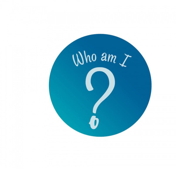 A blue circle with "Who am I" above a large question mark, all in white on a plain background—ideal for fans of lift-the-flap fun or Schiffer Publishing’s Chadwick And Friends Chesapeake Bay board books.