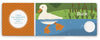 An illustrated page from Think Farm Animals by Schiffer Publishing, Ltd. shows a white duck swimming in a pond. This interactive board book introduces farm animals, perfect for toddlers and preschoolers who love to learn and explore.