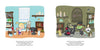 Two scenes from "A Day in the Life of Peanut & Bosco" by Schiffer Publishing, Ltd.: Left, a girl and black cat paint in a bright art room. Right, a witch and green cat mix potions in a spooky, candle-lit space—perfect for imaginative kids.