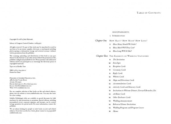 Table of contents spread from The Wedding Invitation Handbook by Schiffer Publishing, Ltd. Left page shows copyright and publishing info; right page lists sections and chapters on handmade invitations with page numbers in a neat serif font.