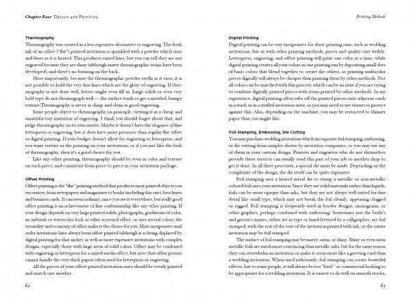 Pages 62 and 63 of *The Wedding Invitation Handbook* by Schiffer Publishing, Ltd. describe printing methods for artisan wedding stationery—thermography, offset, and digital. The two-column layout features clear headings and numbered pages at the bottom.