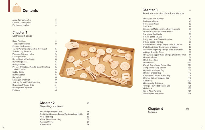 A brown tray holds assorted unfinished leather pieces and crafting tools—ideal for making unique Schiffer Publishing, Ltd. Tanned Leather Hand-Made Bags—displayed on a cream background.