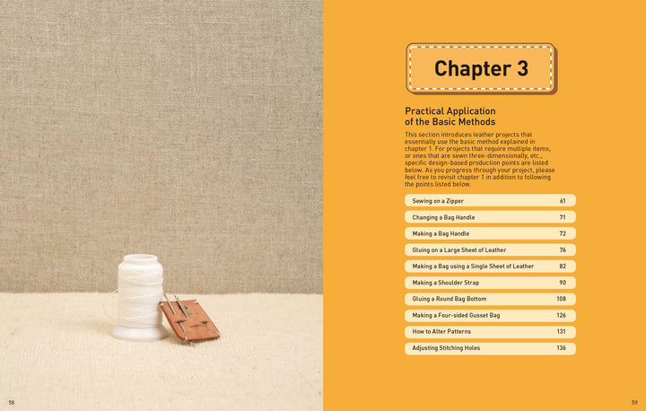 A spool of white thread, a stitching tool, and a needle sit on beige fabric. On the right, an orange sidebar from Schiffer Publishing’s "Tanned Leather Hand-Made Bags" lists leather bag patterns and crafting instructions.