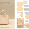Instructional image from Schiffer Publishing, Ltd.'s "Tanned Leather Hand-Made Bags" shows how to craft a small beige leather bag with handles and zipper from a single sheet, with clear diagrams and step-by-step leatherworking instructions.