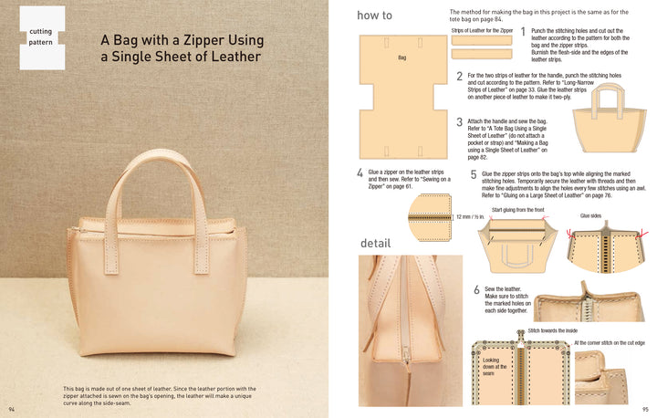 Instructional image from Schiffer Publishing, Ltd.'s "Tanned Leather Hand-Made Bags" shows how to craft a small beige leather bag with handles and zipper from a single sheet, with clear diagrams and step-by-step leatherworking instructions.