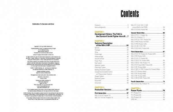 The MiG-21 by Schiffer Publishing, Ltd. shows a dedication and copyright on the left page; the right page lists a table of contents covering MiG-21 combat aircraft history, technical details, production, power plants, and variants.