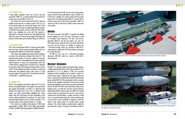 A book spread from "The MiG-21" by Schiffer Publishing, Ltd. shows text on military aircraft armament alongside outdoor photos of green and gray bombs and missiles on red stands, some made for supersonic jets like the MiG-21.