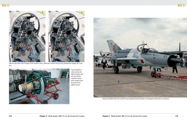 A book spread from "The MiG-21" by Schiffer Publishing, Ltd. features a MiG-21 cockpit interior on the left, a MiG-21 combat jet on outdoor display to the right, and a jet engine on a stand in the lower left corner.