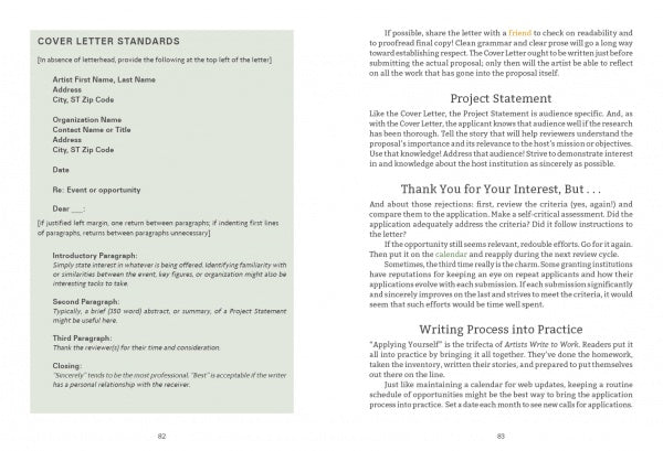 Two pages from "Artists Write to Work" by Schiffer Publishing, Ltd. One page offers cover letter formatting tips; the other covers artist statements, handling rejection, and using feedback—essential guidance for artists refining resumes and applications.