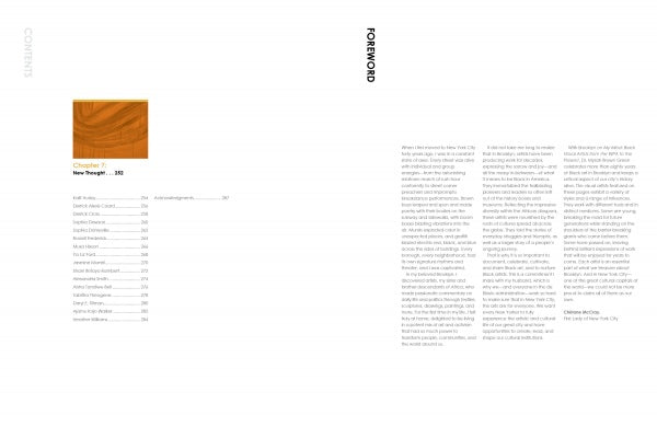 A two-page spread from "Brooklyn on My Mind" by Schiffer Publishing, Ltd. shows the table of contents (left) listing chapters and pages, and a foreword (right) highlighting the importance of Black artists in a Brooklyn art collection.