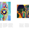 A book spread from *Brooklyn on My Mind* (Schiffer Publishing, Ltd.) features two colorful Black art pieces: geometric shapes and circles in blues and reds on the left, two bold stylized figures on the right, with text below the images.