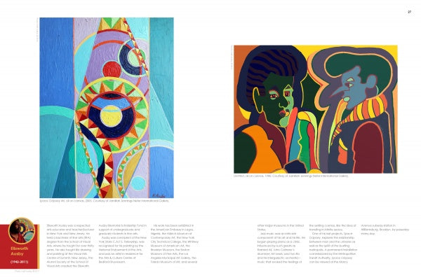 A book spread from *Brooklyn on My Mind* (Schiffer Publishing, Ltd.) features two colorful Black art pieces: geometric shapes and circles in blues and reds on the left, two bold stylized figures on the right, with text below the images.