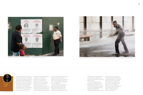 Three people eye WANTED posters as a security guard watches; nearby, a man braces against a strong stream of water—an urban setting evocative of "Brooklyn on My Mind" by Schiffer Publishing, Ltd.