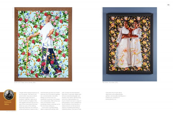 Brooklyn on My Mind" by Schiffer Publishing, Ltd. features two ornate, vibrant portraits: a man in patterned attire with a walking stick before flowers, and two women in white dresses, standing close amid a floral backdrop, celebrating Black artists.