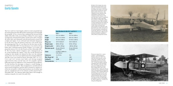 A book spread from "Spad Fighters" by Schiffer Publishing, Ltd. shows two vintage black-and-white photos of early biplanes, including a WWI Spad. It features a specs table and text on early aviation; the top photo displays a side view of the French fighter.