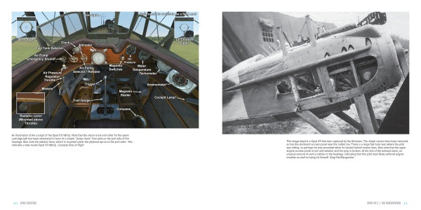 A two-page spread from "Spad Fighters" by Schiffer Publishing, Ltd.: left page features a labeled diagram of a WWI Spad cockpit's controls and instruments; right page shows a black-and-white photo of the damaged French fighter plane.