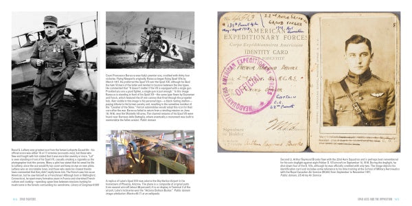 Two pages from "Spad Fighters" by Schiffer Publishing, Ltd. display historic photos: a pilot by a biplane, vintage planes like a WWI Spad, an ID card with stamps, and a young aviator's portrait—with detailed captions and descriptive text.