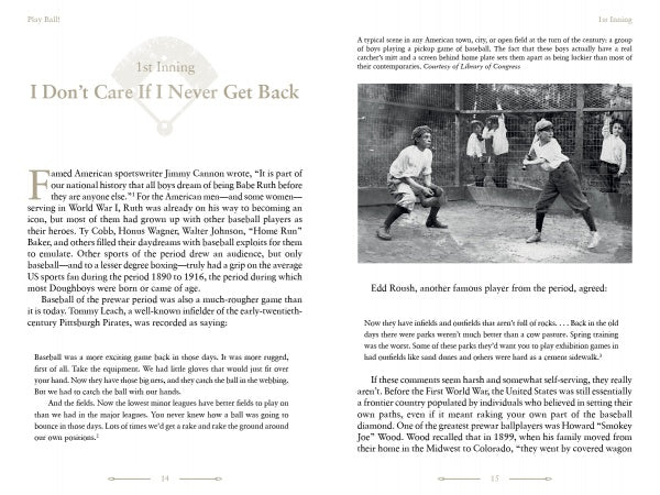 In Schiffer Publishing, Ltd.’s Play Ball!, four Black men play 20th-century baseball—two batters, a catcher, an umpire—while spectators watch from a fence. Sepia tones and vintage clothing highlight classic American baseball history.