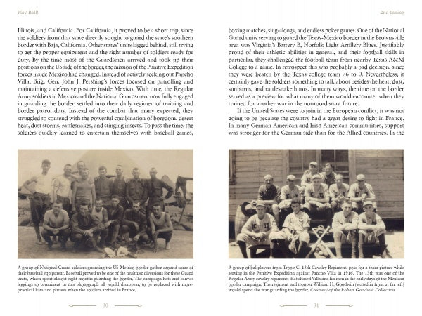 Two book pages from Play Ball! (Schiffer Publishing, Ltd.) show text on National Guard units: the left features a black-and-white photo of soldiers on sandbags; the right depicts cavalry in formation—recalling baseball played by WWI troops.