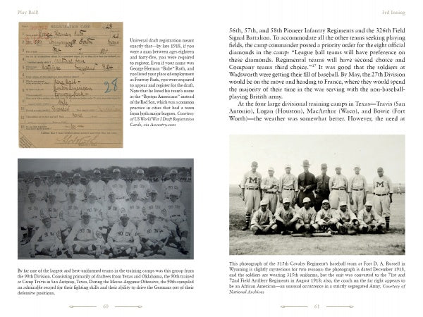 The "Play Ball!" scrapbook page by Schiffer Publishing, Ltd. features a vintage baseball lineup card, two WWI-era soldier team photos, and text on Doughboys teams at training camps—a unique piece of American baseball history.