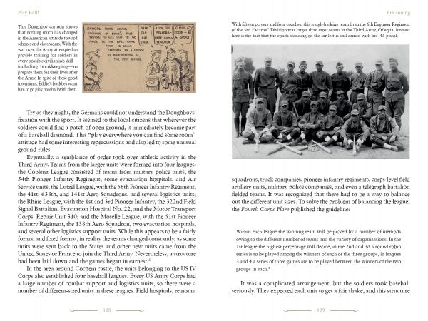 A two-page spread in "Play Ball!" by Schiffer Publishing, Ltd. features text on WWI rugby games played by U.S. soldiers, a comic strip of rugby misunderstandings, and a photo of soldiers with a rugby ball—reflecting on Doughboys baseball.