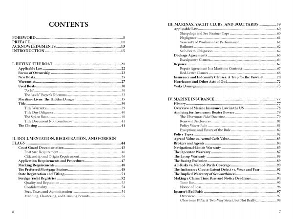 The Schiffer Publishing, Ltd. book "Law of Recreational Boating" features a table of contents with sections on Buying the Boat, Documentation and Registration, Marinas and Yacht Clubs, regulations, insurance, chapter titles, and page numbers.