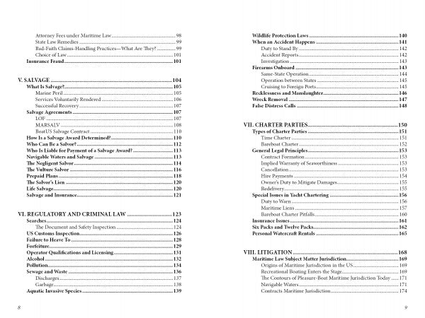 The table of contents in "Law of Recreational Boating" by Schiffer Publishing, Ltd. lists sections on salvage, marine insurance, wildlife protection, charter parties, and recreational boating, spanning pages 98 to 160.