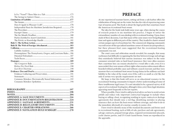 A two-page spread from Schiffer Publishing's "Law of Recreational Boating": left page has a table of contents on marine insurance and appendices; right page features the preface, covering the authors' maritime law expertise. Pages 10–11.