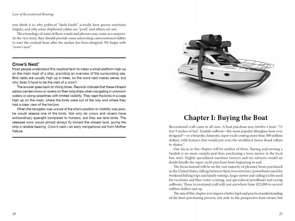 A book spread from "Law of Recreational Boating" by Schiffer Publishing, Ltd. shows "Crows Nest" on the left and "Chapter 1: Buying the Boat" on the right, with an image of a model yacht topped with a big black ribbon and bow.