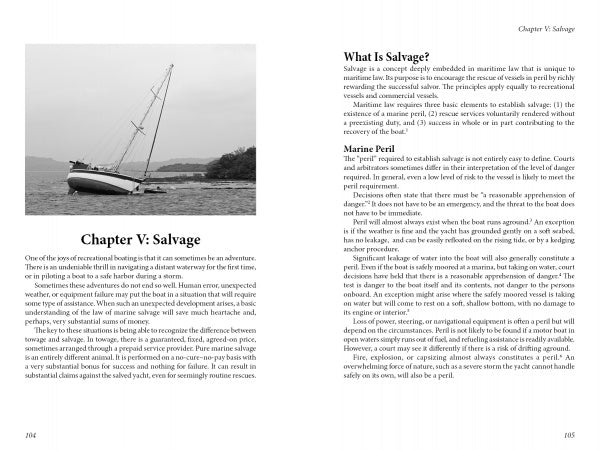A sailboat tilts on a rocky shore with trees behind, illustrating recreational boating. This image heads "Chapter V: Salvage" in the book Law of Recreational Boating by Schiffer Publishing, Ltd., with text on maritime salvage alongside.
