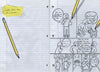 A scene from "Mega Awesome Notebook" by Schiffer Publishing, Ltd. shows stick figures on lined paper talking about a drawing of themselves, two big pencils—one in action—and a yellow sticky note that says: Later that day at school... Playful and fun!.