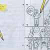 A scene from "Mega Awesome Notebook" by Schiffer Publishing, Ltd. shows stick figures on lined paper talking about a drawing of themselves, two big pencils—one in action—and a yellow sticky note that says: Later that day at school... Playful and fun!.