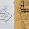 Left page: hand-drawn cartoon by an arrow labeled "More story this way"; right page: bold “MEGA Awesome Notebook Part 2” with sketches. Mega Awesome Notebook by Schiffer Publishing, Ltd.—great for fans of illustrated teen books and graphic novels.