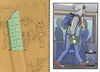 On the left is the Mega Awesome Notebook by Schiffer Publishing, Ltd. with robot doodles and a ruler; on the right, a student in a hoodie and backpack carries it past desks near a trash bin.