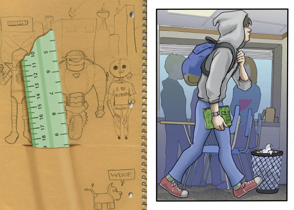 On the left is the Mega Awesome Notebook by Schiffer Publishing, Ltd. with robot doodles and a ruler; on the right, a student in a hoodie and backpack carries it past desks near a trash bin.