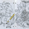 The Mega Awesome Notebook by Schiffer Publishing, Ltd. features a hand-drawn doodle across two pages: playful fantasy creatures on the left and detailed sci-fi characters on the right—ideal for fans of illustrated teen books or graphic novels.