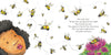 A child with curly hair watches bees zig-zag near pink flowers in a pollinator garden. Text beside her shares bumblebee facts and describes their movement. "Bea's Bees" by Schiffer Publishing, Ltd. brings the scene to life.