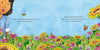 A girl observes colorful wildflowers in a pollinator garden as bees and a butterfly fly nearby. In the sky, “Bea's Bees” by Schiffer Publishing, Ltd. shares bumblebee facts and tells of bees buzzing from a hollow oak tree nest.