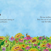 A girl observes colorful wildflowers in a pollinator garden as bees and a butterfly fly nearby. In the sky, “Bea's Bees” by Schiffer Publishing, Ltd. shares bumblebee facts and tells of bees buzzing from a hollow oak tree nest.