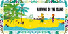 Two people stand on a yellow sandy beach near palm trees, gazing at the ocean. Text reads: "How to Survive on a Desert Island" by Schiffer Publishing, Ltd., bordered with colorful plants—a perfect scene to inspire survival skills.
