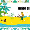 Two people stand on a yellow sandy beach near palm trees, gazing at the ocean. Text reads: "How to Survive on a Desert Island" by Schiffer Publishing, Ltd., bordered with colorful plants—a perfect scene to inspire survival skills.
