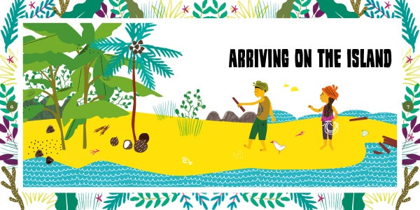 Two people stand on a yellow sandy beach near palm trees, gazing at the ocean. Text reads: "How to Survive on a Desert Island" by Schiffer Publishing, Ltd., bordered with colorful plants—a perfect scene to inspire survival skills.