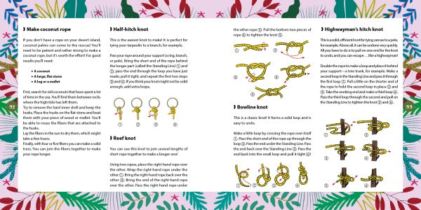 How to Survive on a Desert Island" by Schiffer Publishing, Ltd. is a colorful illustrated guide with step-by-step instructions and diagrams for making coconut rope and tying five knots—ideal for learning essential survival skills.