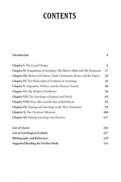Table of contents for "Astrology for Christians" by Schiffer Publishing, Ltd., featuring chapter titles and page numbers on biblical astrology, church history, Augustine, the Star of Bethlehem, and charts.