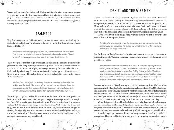 An open book, "Astrology for Christians" by Schiffer Publishing, Ltd., shows page 24 discussing biblical traditions and astrology; page 25, titled "Daniel and the Wise Men," features star patterns evoking the Star of Bethlehem.