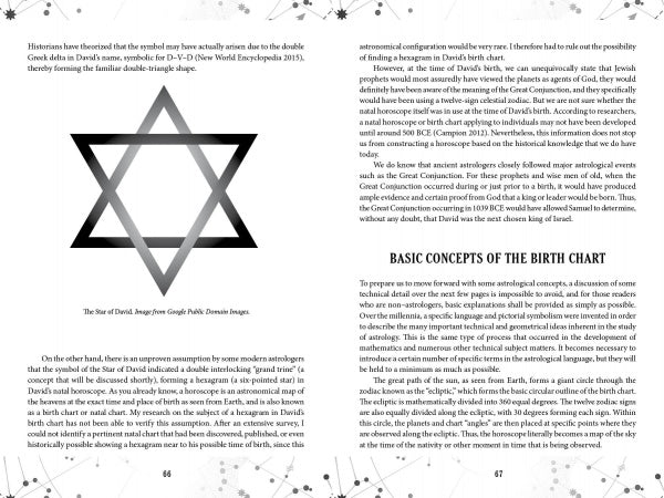 An open book, Astrology for Christians by Schiffer Publishing, Ltd., shows a Star of David on the left page and text on both pages. The right page, titled BASIC CONCEPTS OF THE BIRTH CHART, discusses birth charts and biblical astrology.